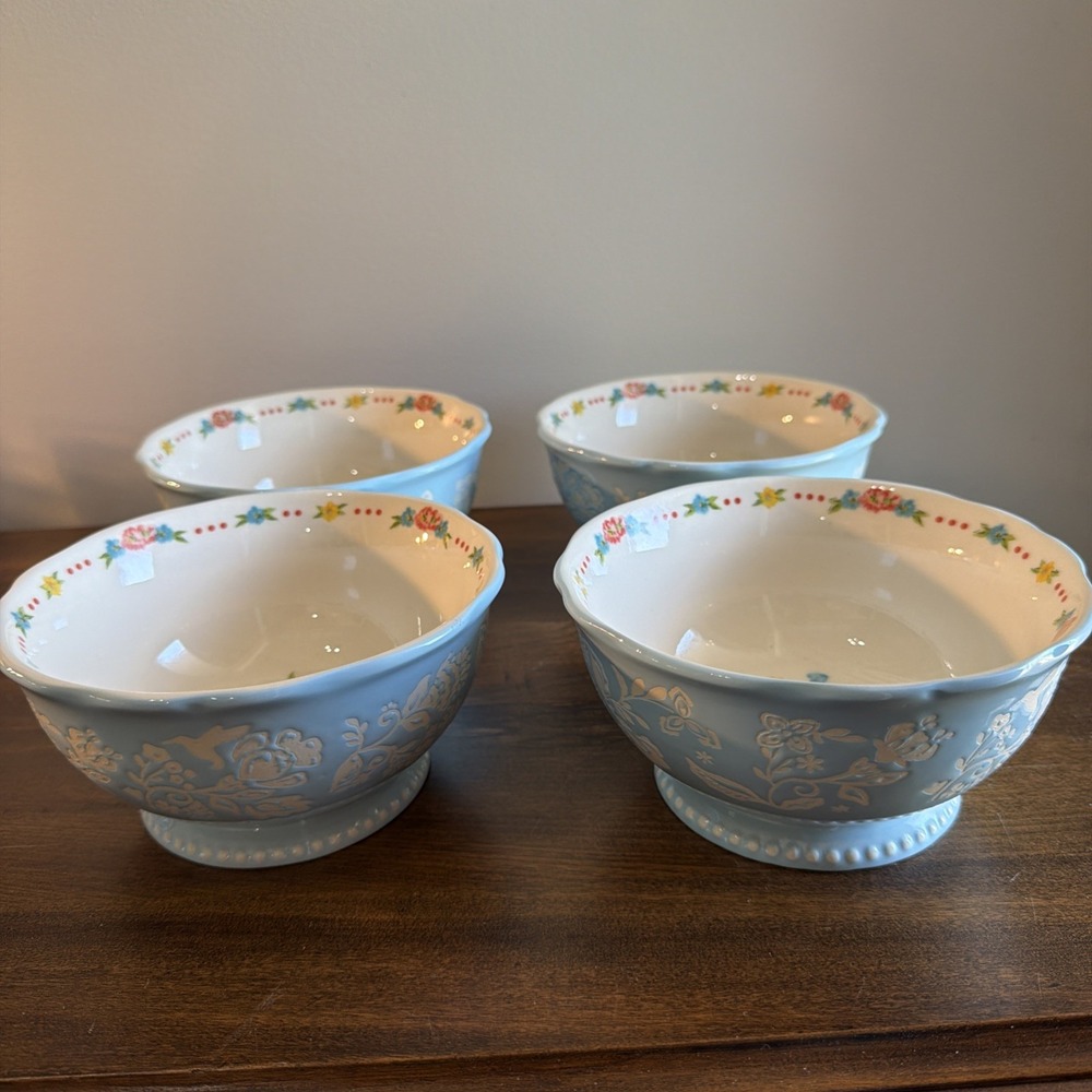 Pioneer Woman Sweet Rose Set Of 4 Bowls 6.25" Blue Floral Embossed Scalloped